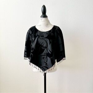 Vintage Lee Concepts Black Poncho with Beaded Fringe Size O/S